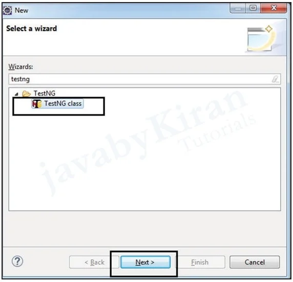 Select TestNG Class from Select Wizard create a new TestNG class