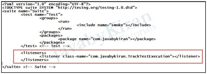 Add listeners in testng.xml file. listeners in testng xml file