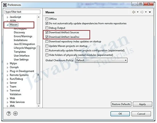 Go to Windows/Preferences configuring maven download source and javadoc