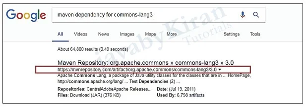 Search maven dependency commons-lang3 on Google maven dependency commons-lang3