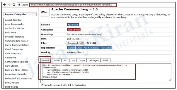 Select Maven Dependency maven dependency commons-lang3