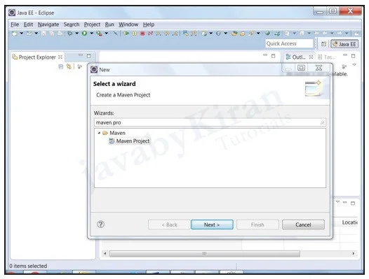 Step 1. Select a wizard as Maven Project steps to create a maven project in eclipse