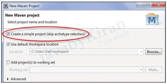 Step 2. Select Project Name and Location steps to create a maven project in eclipse