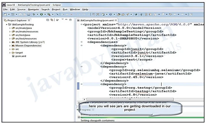 After adding plugins, we can see that jars are being downloaded. add plugins in pom.xml file