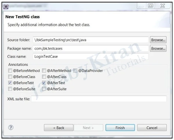 Right-click on test folder and add New TestNG Class writing testng classes