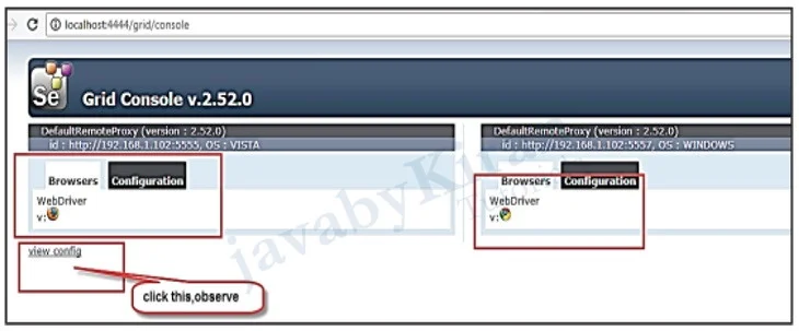 View Chrome WebDriver by clicking on view config selenium grid console