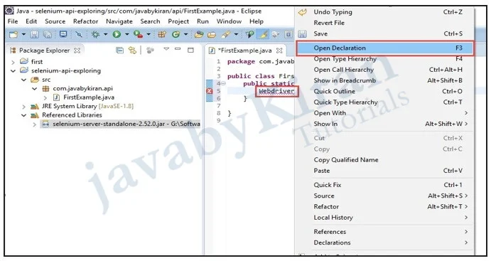 View source of WebDriver Step 1 to view source of webdriver in selenium right-click on web driver and select open declaration