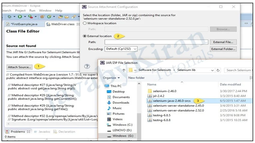 View source of WebDriver Step 2 To view source of webdriver in selenium go to attach source and then add external location of source file