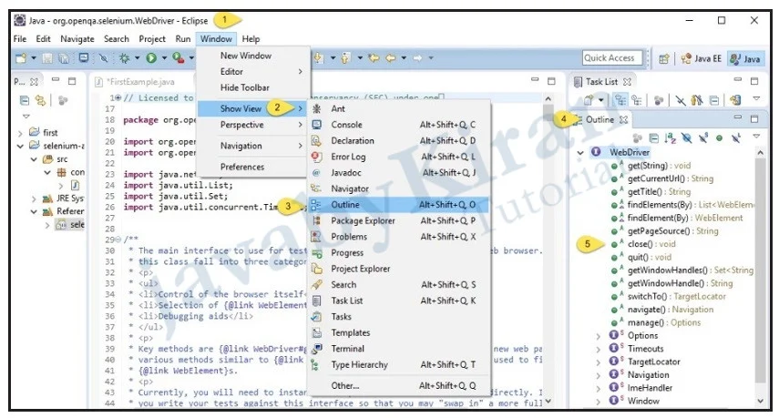 Guide to view WebDriver Interface methods view web driver interface methods in java by pressing ctrl + o in eclipse java project