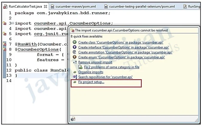 Troubleshoot Errors like shown fix project setup in cucumber project