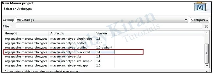 Select an Archetype create new maven project