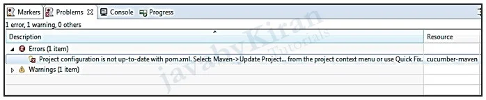 Problems window in Cucumber Project problems window in cucumber project