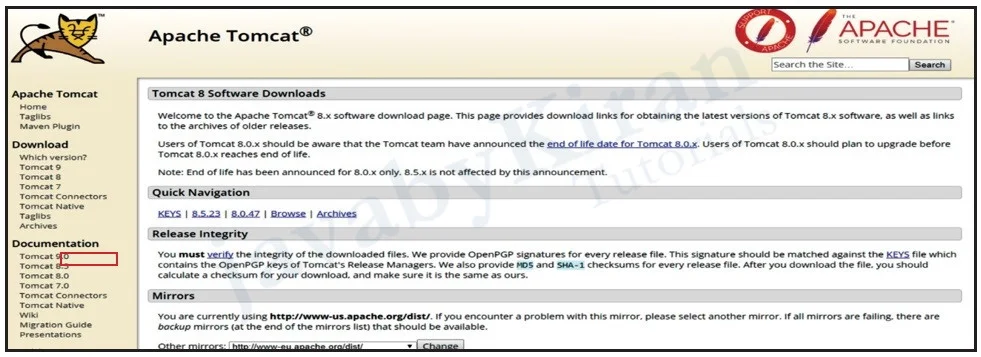 Select Tomcat Version 8.0 apache tomcat server installation
