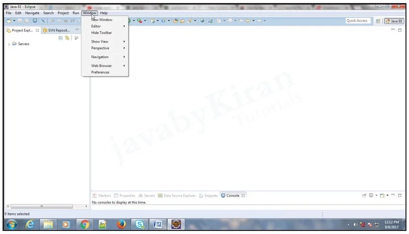 Click On Windows Menu and Select Show View web application using tomcat server