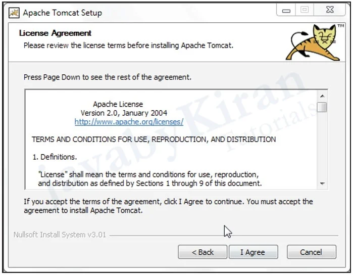 Click on I Agree. apache tomcat server installation