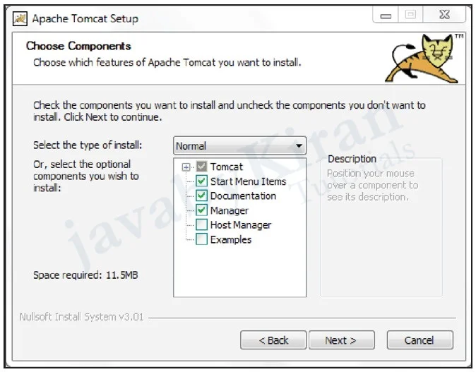 Components Window Appears apache tomcat server installation