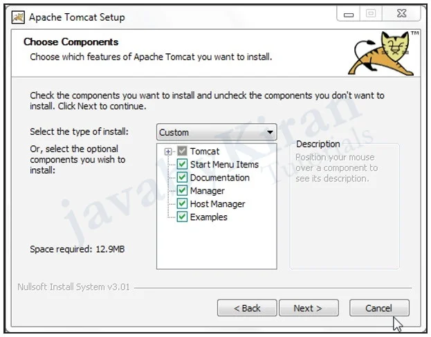 Select all the components and then click on Next. apache tomcat server installation