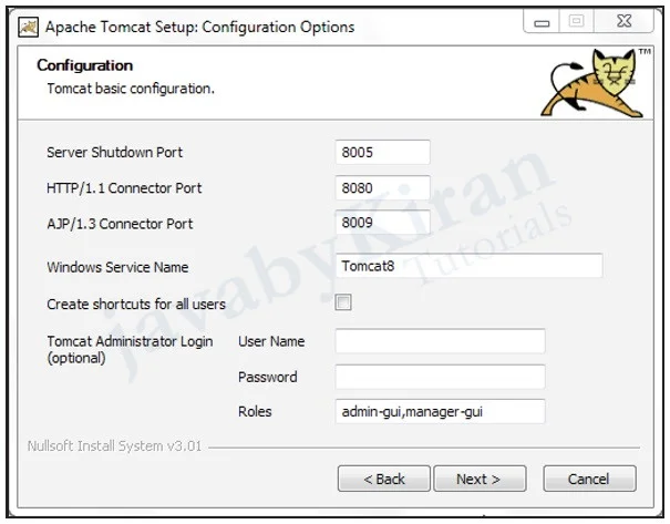 Do configurations and then click on Next. apache tomcat server installation