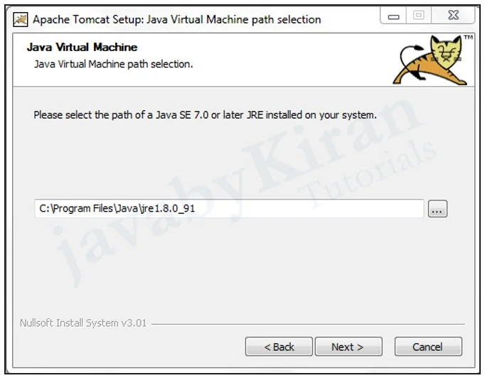 Now Select path and click on Next Button. apache tomcat server installation