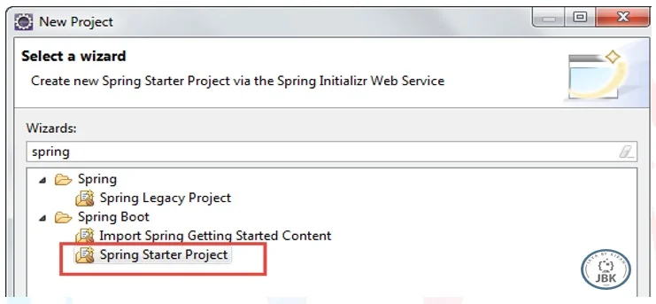 Select a Wizard create Spring Starter Project via Spring Initializr Web Service