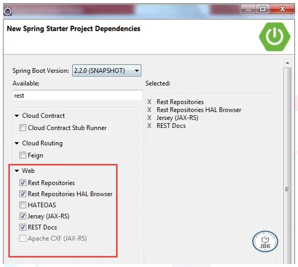 Select Project Dependencies create Spring Starter Project via Spring Initializr Web Service
