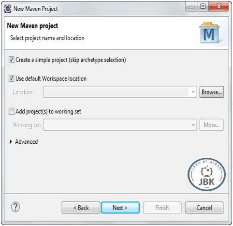 Select Project Name and Location for New Maven Project Select Project Name and Location for New Maven Project