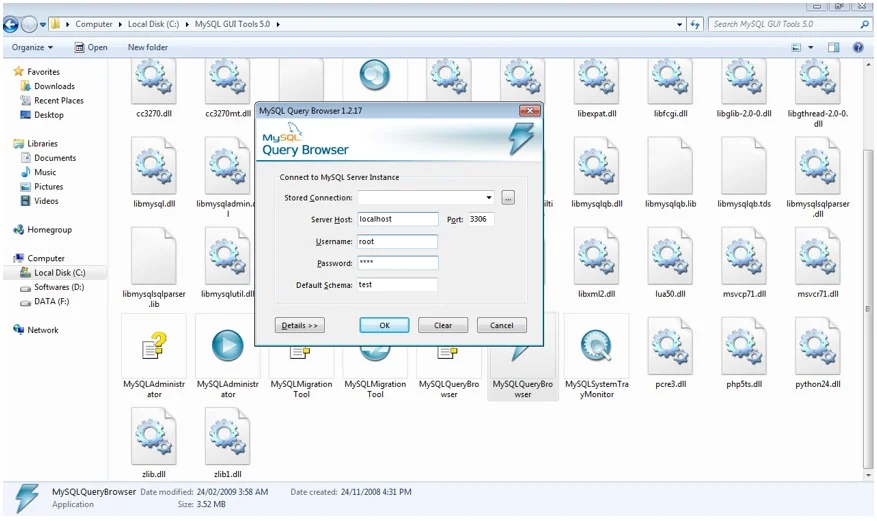Enter credentials in MySQL Query Browser and click on Ok. Enter credentials in MySQL Query Browser and click on Ok