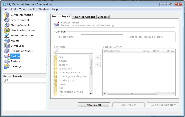 Click on Backup in MySQL Administrator. Click on Backup in MySQL Administrator