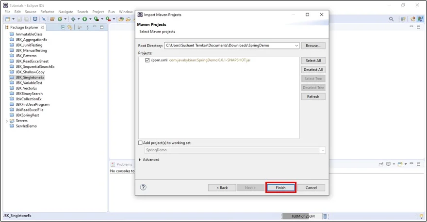 After selecting Project to Import in Eclipse click on Finish. After selecting Spring Project to Import in Eclipse click on Finish