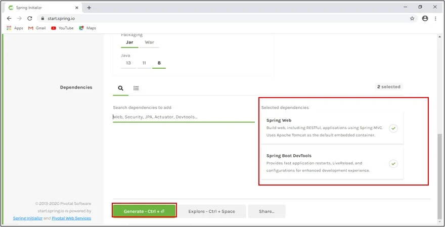 Click on Generate button given on Spring Initializr page to download our Project. Click on Generate button given on Spring Initializr page to download our Project