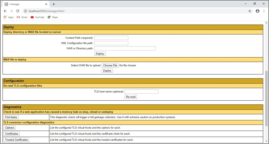 Scroll down on Tomcat Web Aplication Manager page and go to Deploy section Deploying WAR File using Tomcat